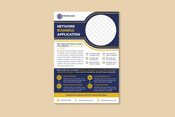business network application flyer design template use vertical layout. white background combined with blue and yellow elements. Space of photo collage and text.