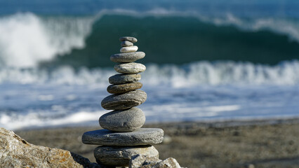 A rock cairn, Bruce Bay, west coast, south island, Aotearoa / New Zealand.