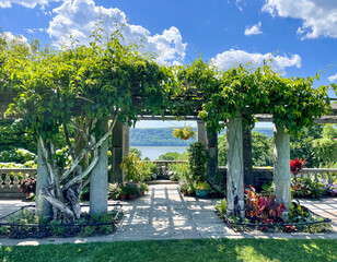 Bronx, NY - USA - June 4, 2022  a view of the Pergola Overlook at Wave Hill, with the Hudson River...