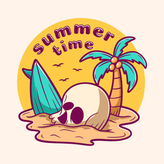 Skull summer beach cartoon illustration