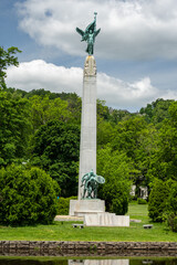 Montclair,NJ - USA - May 29, 2022 Closeup of the historic Memorial Obelisk at Edgemont Memorial...