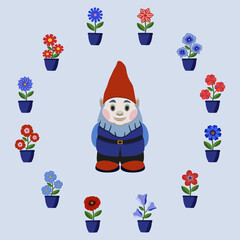 Garden gnome with bright cartoon simple flowers in pots. Flat style, light blue background, vector illustration.