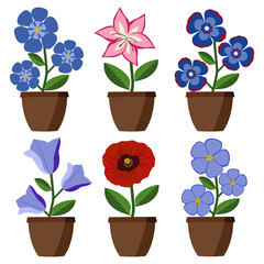 Bright cartoon simple flowers in pots. Flat style, vector illustration.