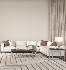 Living room interior design. Hampton style. Mockup white wall in luxury home background. 3d rendering illustration.