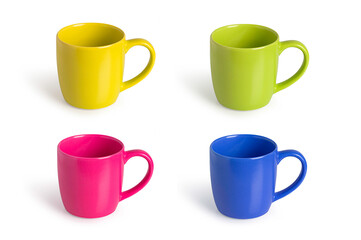 Set of colorful mugs on white background
