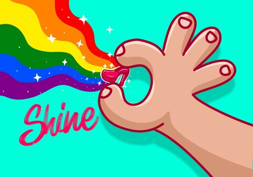 Illustration of hand with women's shoe on fingers, pride, rainbow, gay flag, colors, party, heels