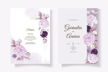  Beautiful purple  floral frame wedding invitation card template Premium Vector