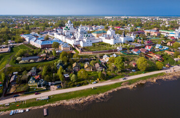 Aerial view of district of Rostov-on-don on riverside with church, Russia