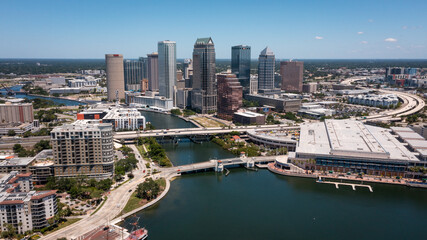 Epic aerial view of downtown Tampa over the Hillsborough Bay.