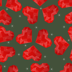 Seamless pattern with Crystal polygonal hearts and stars. Shining red crystals. Ruby hearts seamless pattern. Sparkling hearts repeat pattern for print, textile, background. Vector illustration