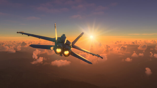 Militar aircraft flying over the clouds in amazing sunset