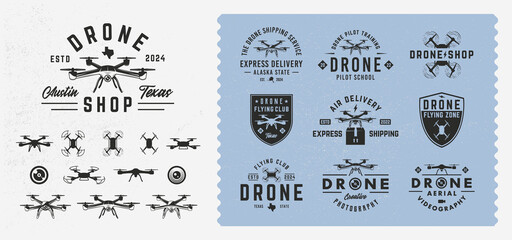 Vector vintage Drone, UAV logo set. Set of 10 Drone logo templates and 12 design elements for logo design. Pilot School, Flying Zone, Drone shop, delivery emblems. Trendy vintage hipster design. © Denys Holovatiuk