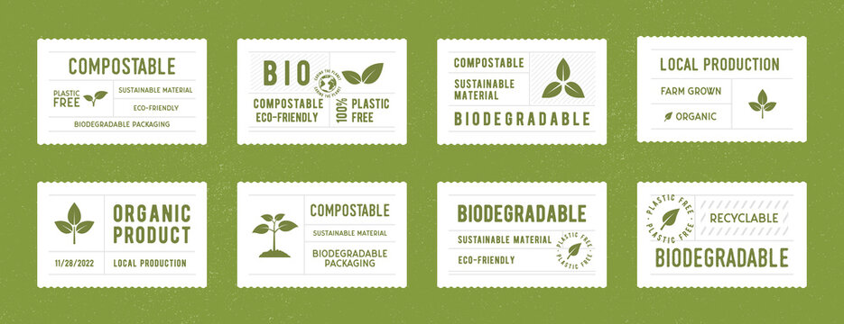 Biodegradable, compostable tags set. 
Eco, Bio stickers design for packaging. . Trendy vintage labels for organic products, restaurants, food stores and packaging design. Vector illustration