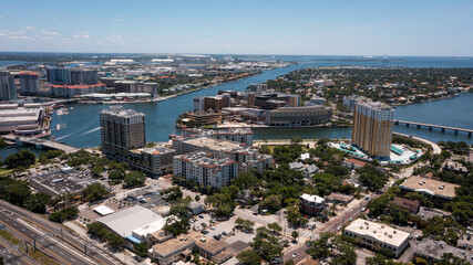Aerial drone view out into Harbor and Davis Island from over the Selmon Expressway in downtown Tampa, FL.