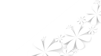 White background with white paper flowers. Concept image of happy Invitation and reception sign. 3D high quality high-key rendering. 3D illustration. High resolution.