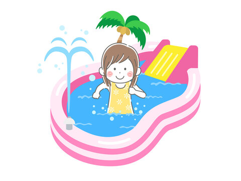 家庭用の子供用、滑り台付きビニールプールで遊ぶ、水着の女の子のイラスト