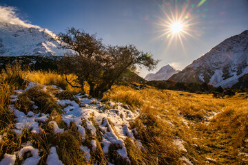 Sun Flare, orbs and Autumn colours with a sprinkling of early winter snow in Aoraki Mount Cook...