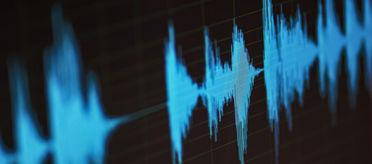 Audio specturm blue color. Recording studio. Computer screen. - obrazy, fototapety, plakaty