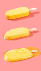 yellow popsicle in a melting process on pink background