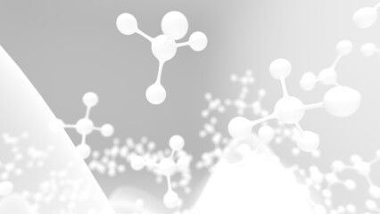Molecular structure of white atom with mathematical geometric wavy surface under high-key lighting background. Concept image of vaccine development, regenerative and advanced medicine. 3D CG. 