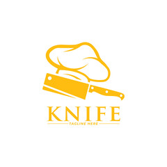 Chef Cooking Hat with Simple Kitchen Knife Vector Outline Logo.