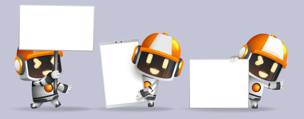 Robots presenting character vector set. Robotic characters with whiteboard, placard and phone elements in friendly expression and gestures for robot presentation collection design. Vector illustration - obrazy, fototapety, plakaty
