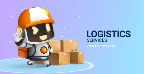 Fotobehang Logistics delivery vector design. Logistics services text with robot delivery mascot assistant character with boxes element for business courier. Vector illustration.  © ZeinousGDS