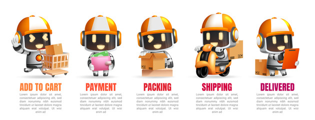 Online shopping infographic vector set. Online shopping app guidelines with robots delivery character for order and shipping procedure collection design. Vector illustration.
 - obrazy, fototapety, plakaty