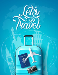 Travel vector poster design. Let's go travel text with luggage, passport and camera in destination landmark silhouette for international explore and adventure travelling. Vector illustration.  © Zeinous