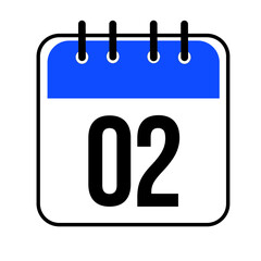 Calendar day 02. Number two on a white paper with blue border isolated on white background. Vector ilustration.