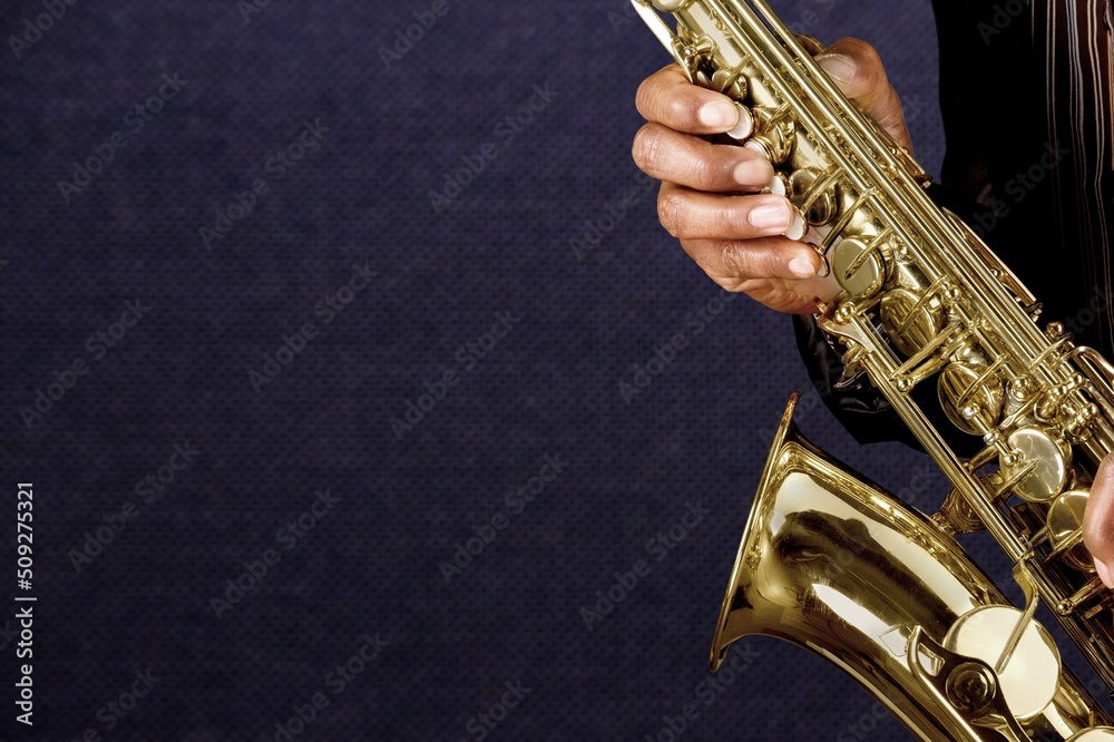 Poster Musician playing jazz music instrument. Band instruments