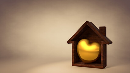 3D Illustration Gold Heart in Welcoming Wood Home Isolated in an Interior Scene Background. Home is Where Your Heart is Concept.