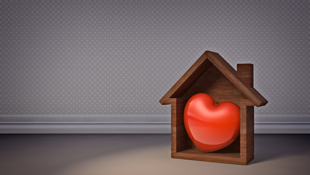 3D Illustration Red Heart in Welcoming Wood Home Isolated in an Interior Scene Background. Home is Where Your Heart is Concept.