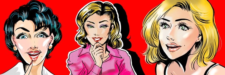 American comic book style color illustration of a group of sexy retro blondes and career women．