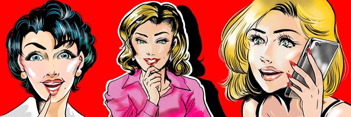 American comic book style color illustration of a group of sexy retro blondes and career women．