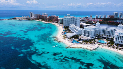 An aerial shot of hotel zone in Cancun, Mexico