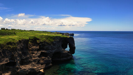 A scenic view of Manzamo cliff in Okinawa, Japan