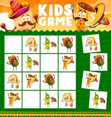 Naklejka premium Cartoon funny mexican food characters, sudoku kids game. Vector riddle with tacos, pepper, avocado and chimichanga personages with instruments on chequered board. Educational task, children boardgame