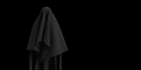 Ghost hacker criminal scary hood anonymous creepy devil danger silhouette shadow black face fear horror night character symbol identity hooligan unknow happy halloween cyber copy space .3d render