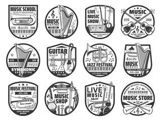 Music store icons, jazz festival and orchestra show emblem. Thin line vector euphonium, harp and tar, cymbals, kamancheh and baglama or saz, cornet, klappenhorn and lyre, saxophone, double neck guitar