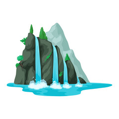 River waterfall, water streams falling from rocks between stones, water cascade. Vector elements of nature landscapes for game, web or travel design