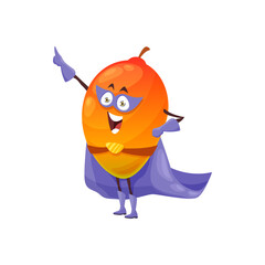 Cartoon mango fruit superhero character, vector super hero personage in cape and mask stand with raised arm. Funny cheerful fairytale healthy food, brave tropical mango ready for adventure feat
