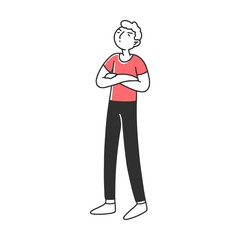 Young boy with arrogant and angry behavior flat vector illustration. Characters standing lonely in pride