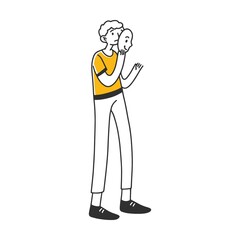 Men covering faces with positive masks. Depressed people hiding their emotions. Vector illustration for emotion