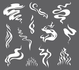 Fototapeta na wymiar Cartoon smoke effects, food flavor smell, aroma of coffee and tea steam, vector clouds. Smoke puffs and fire smog trails, white flat air fog or hot tea or coffee cup steaming heat and flavor effects