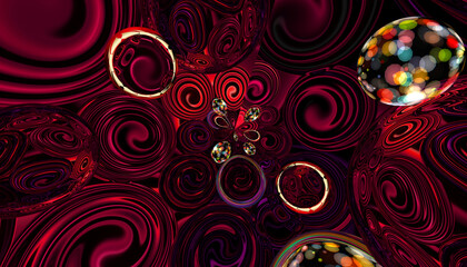 Abstract fantasy red background with cougars and spheres.