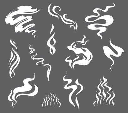 Cartoon smoke effects, food flavor smell, aroma of coffee and tea steam, vector clouds. Smoke puffs and fire smog trails, white flat air fog or hot tea or coffee cup steaming heat and flavor effects