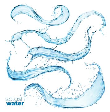 Blue water wave splashes and flow shapes with drops, vector isolated swirls. Realistic splashing water splatters of clean blue pure aqua with pour and splashing spill of fresh crystal drink droplets