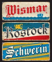 Wismar, Rostock, Schwerin German travel stickers and plates, vector luggage tags. Germany cities tin signs and grunge plates with German landmark and state symbols, emblems and flags