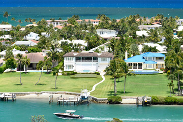 Aerial view of homes and intracoastal waterway near Jupiter Inlet from the lighthouse in Jupiter, Florida in Palm Beach County